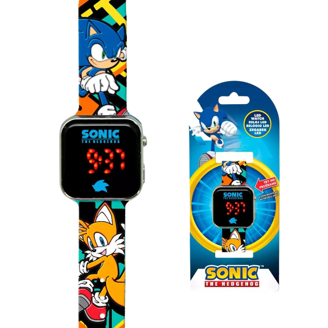 Relógio digital infantil Sonic the Hedgehog com bracelete colorida e embalagem azul