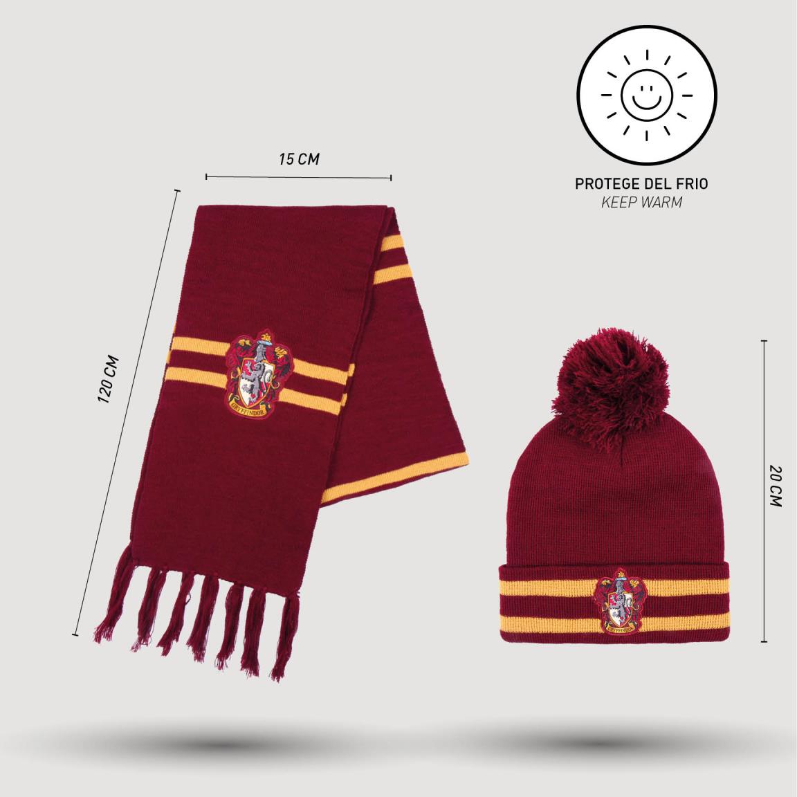 Cachecol e gorro vermelhos com riscas amarelas e emblema de Gryffindor
