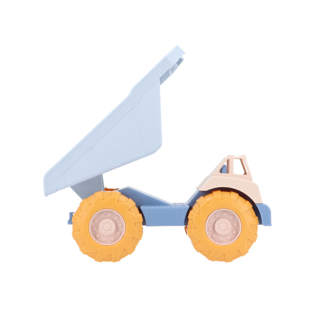Carrinho de brinquedo dumper azul, bege e amarelo com caixa basculante aberta