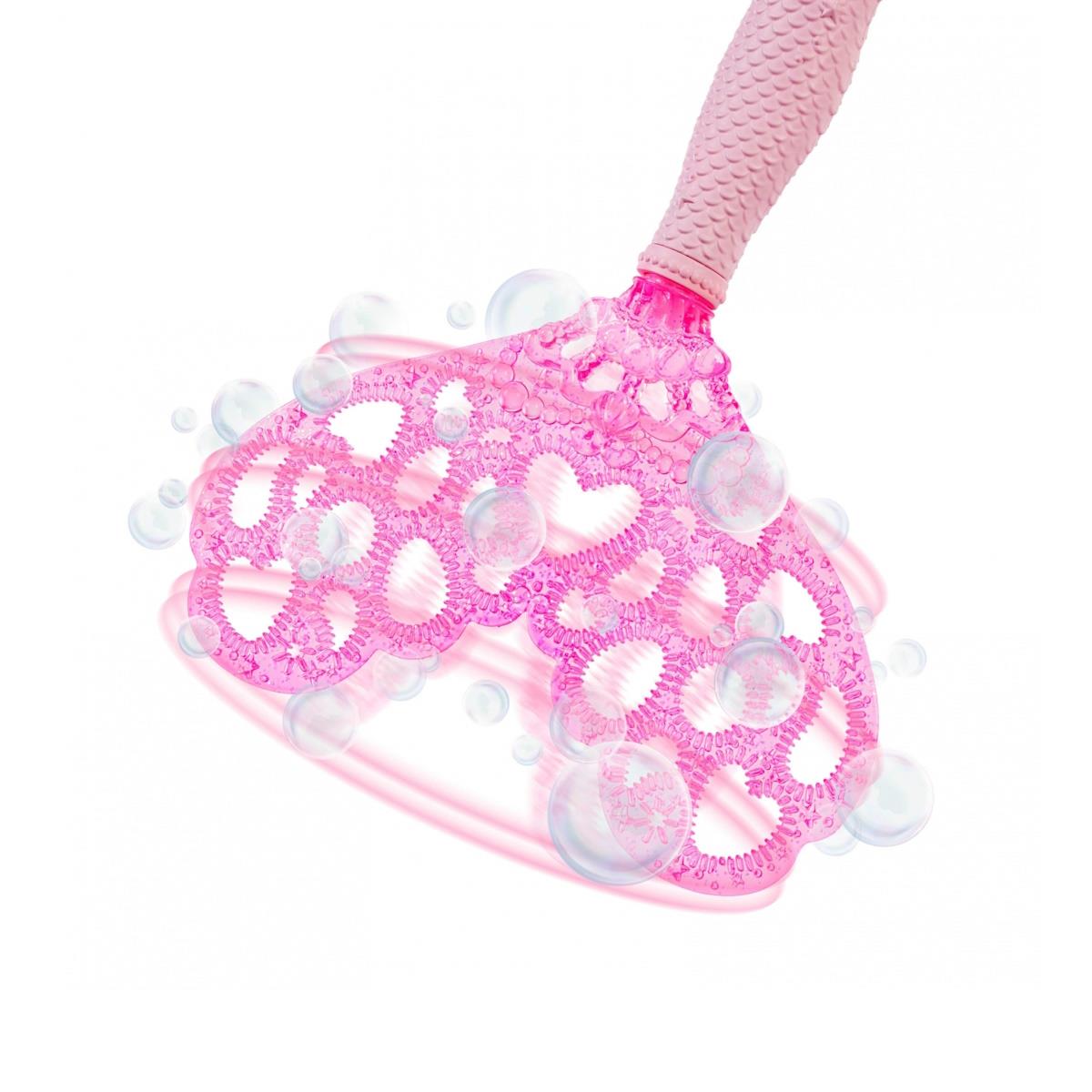 Escova de banho rosa com cabeça em plástico transparente com corações e bolhas de sabão