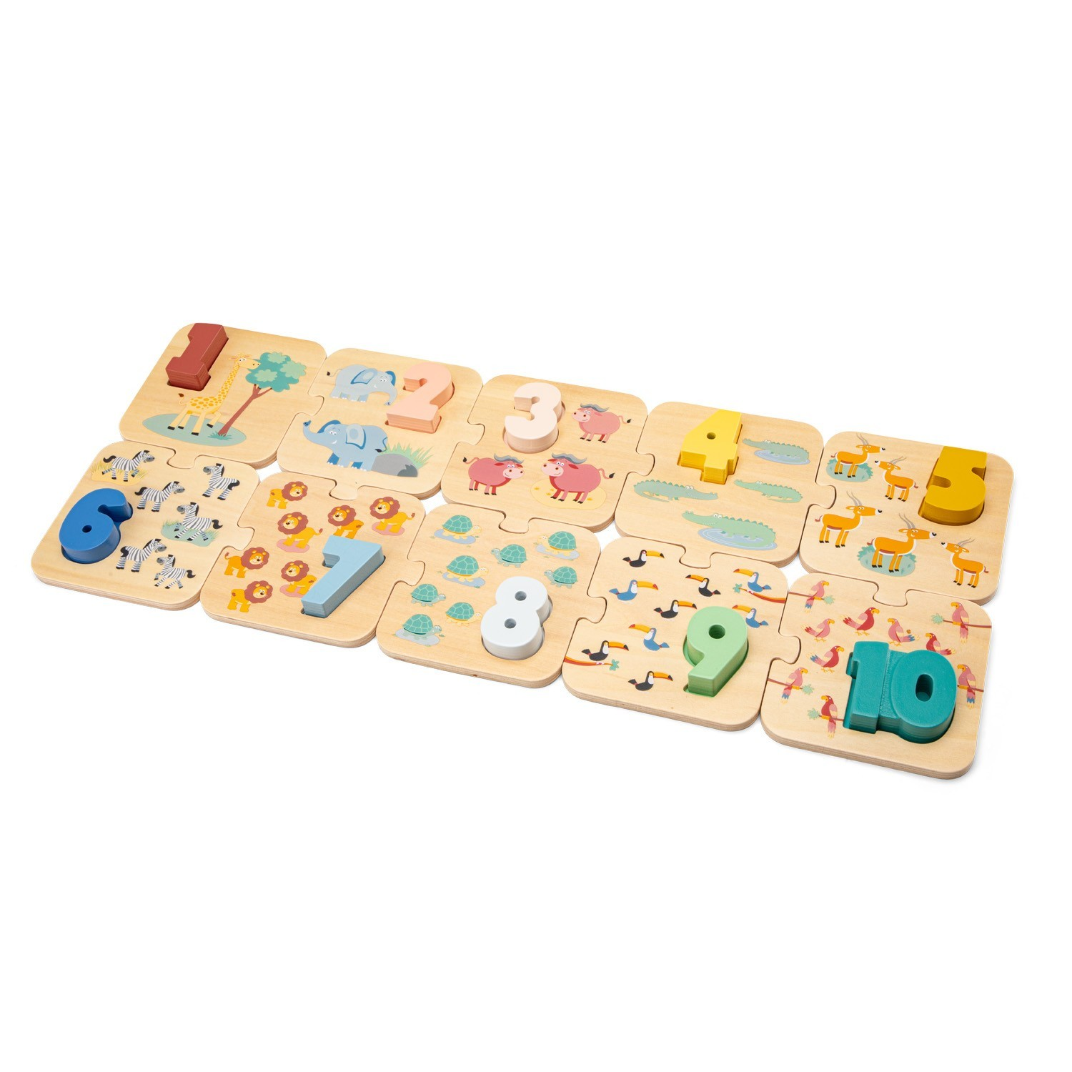 Peças de madeira com números e ilustrações de animais