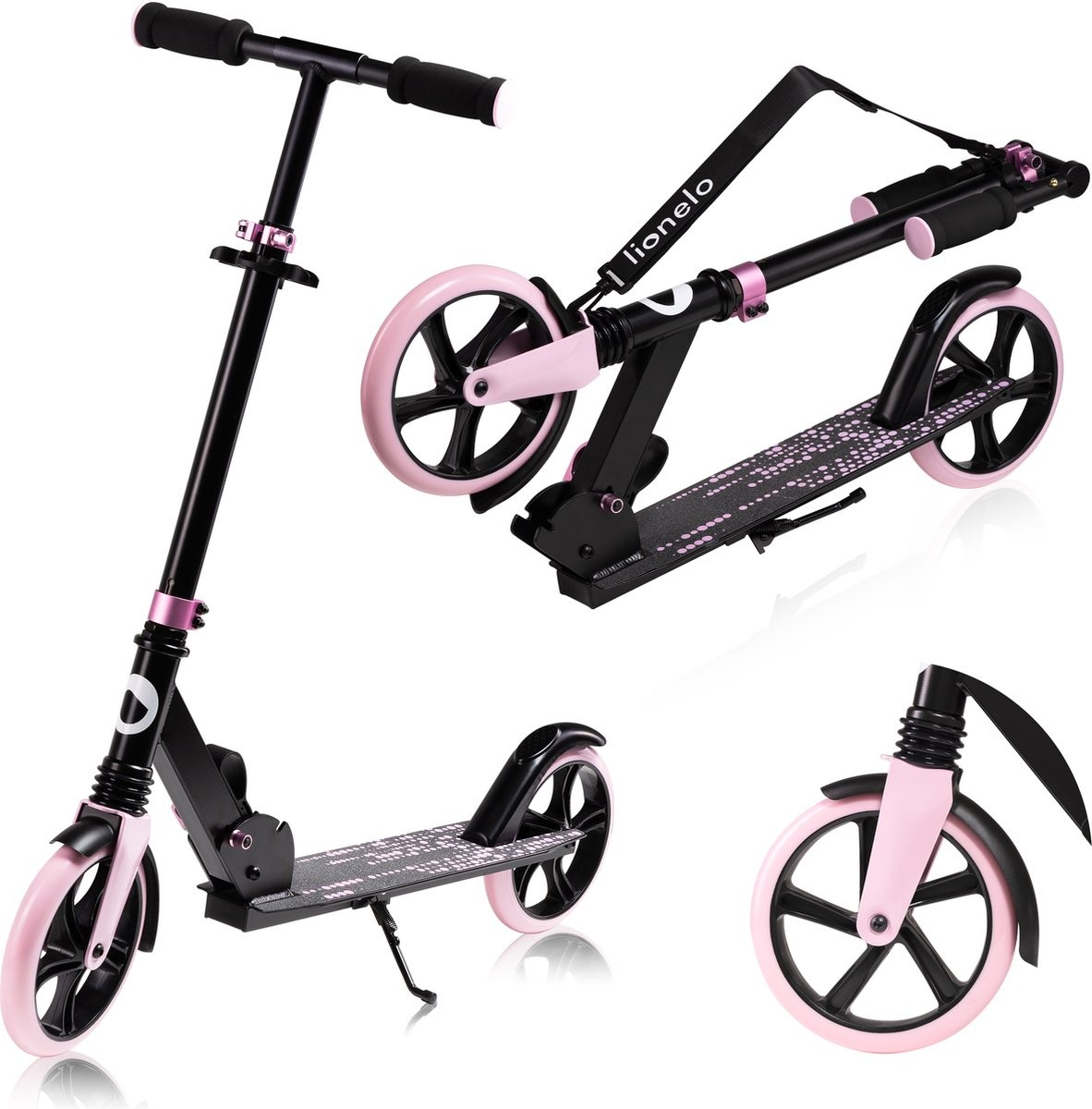 Patinete dobrável preto e rosa com rodas grandes e alça para transporte