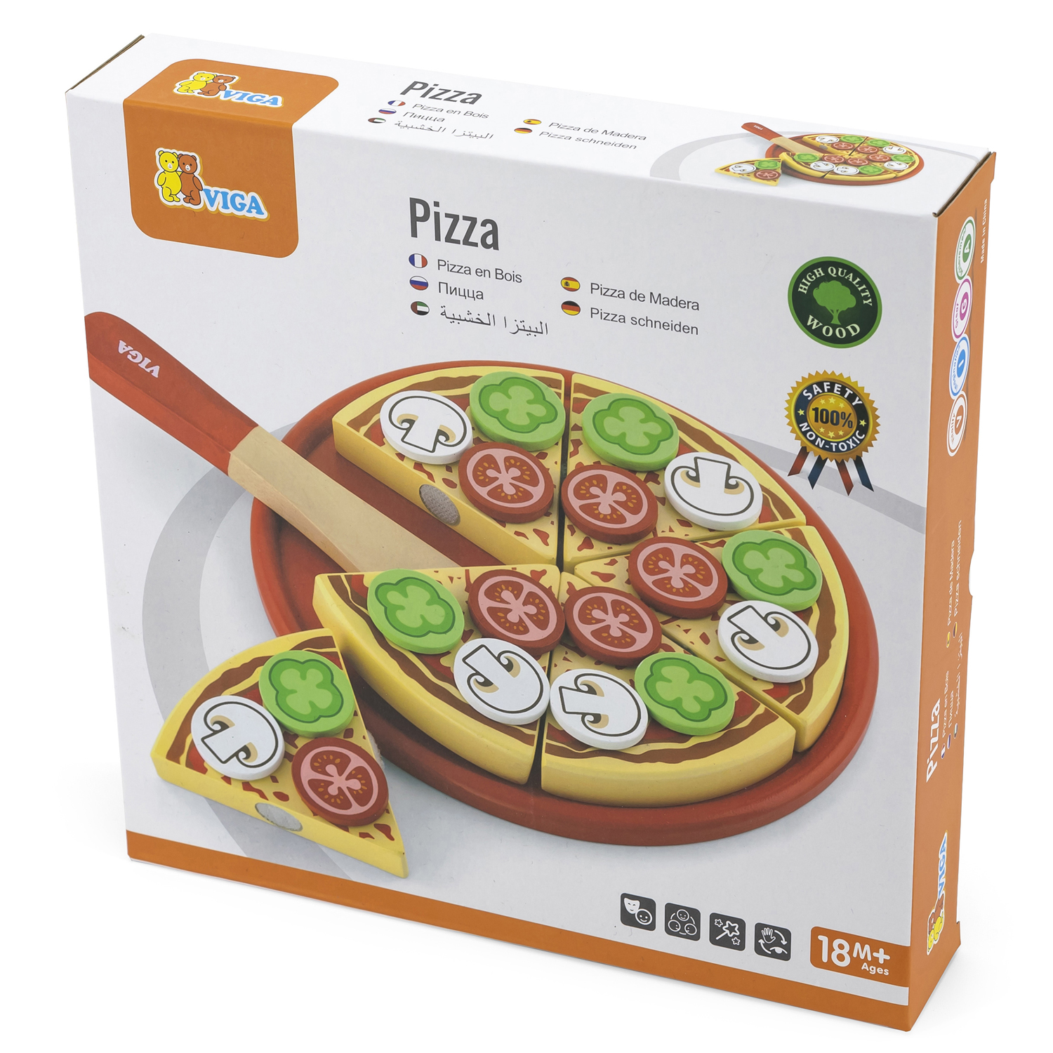 Brinquedo pizza de madeira com 6 fatias e espátula em caixa branca e laranja