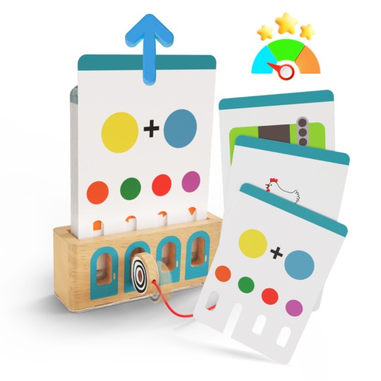 Brinquedo educativo com cartas coloridas e base de madeira