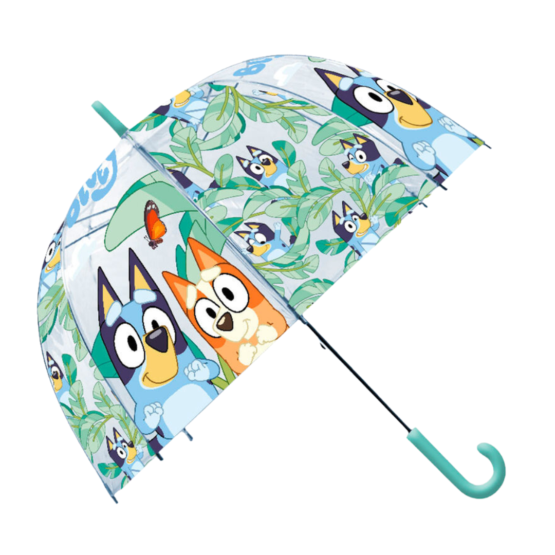 Guarda-chuva infantil com desenho animado azul e laranja com folhas verdes e borboleta