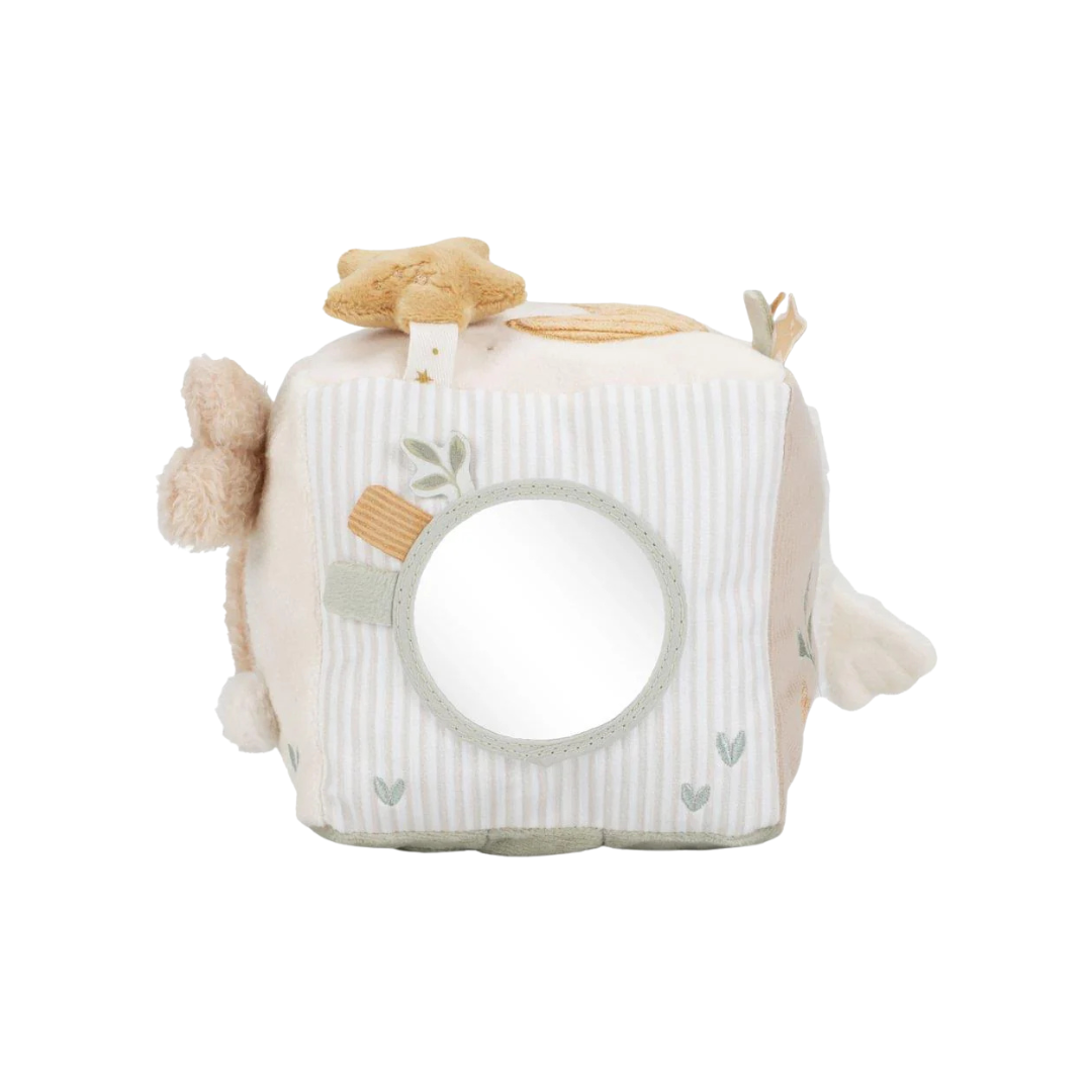 Brinquedo cubo macio para bebé com espelho circular e estrela amarela