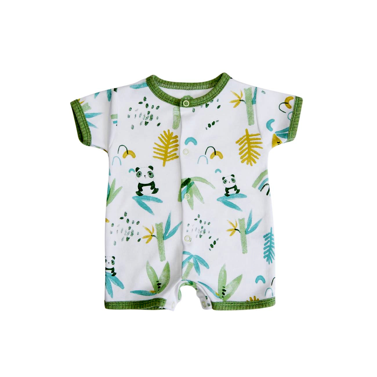 Macacão curto de bebé branco com estampado de pandas e elementos naturais