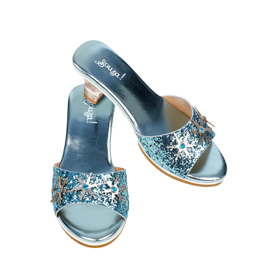 Sandálias femininas azuis com glitter e salto transparente.