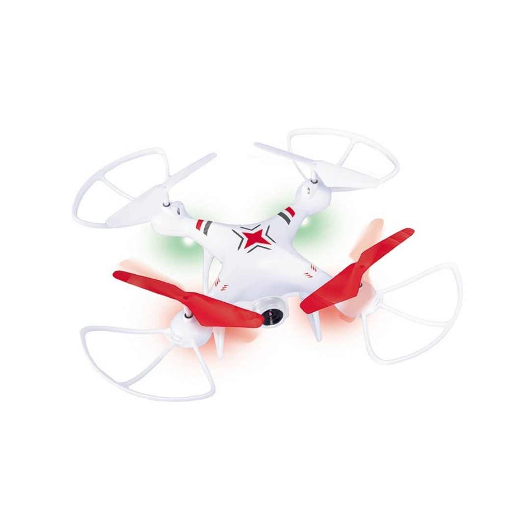 Drone branco com hélices vermelhas e brancas e estrela vermelha no corpo central