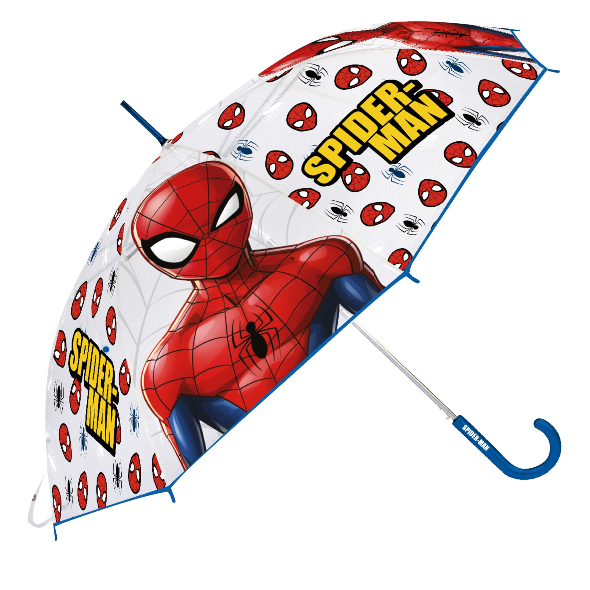 Guarda-chuva Spider-Man com padrões vermelhos, azuis e brancos e texto amarelo