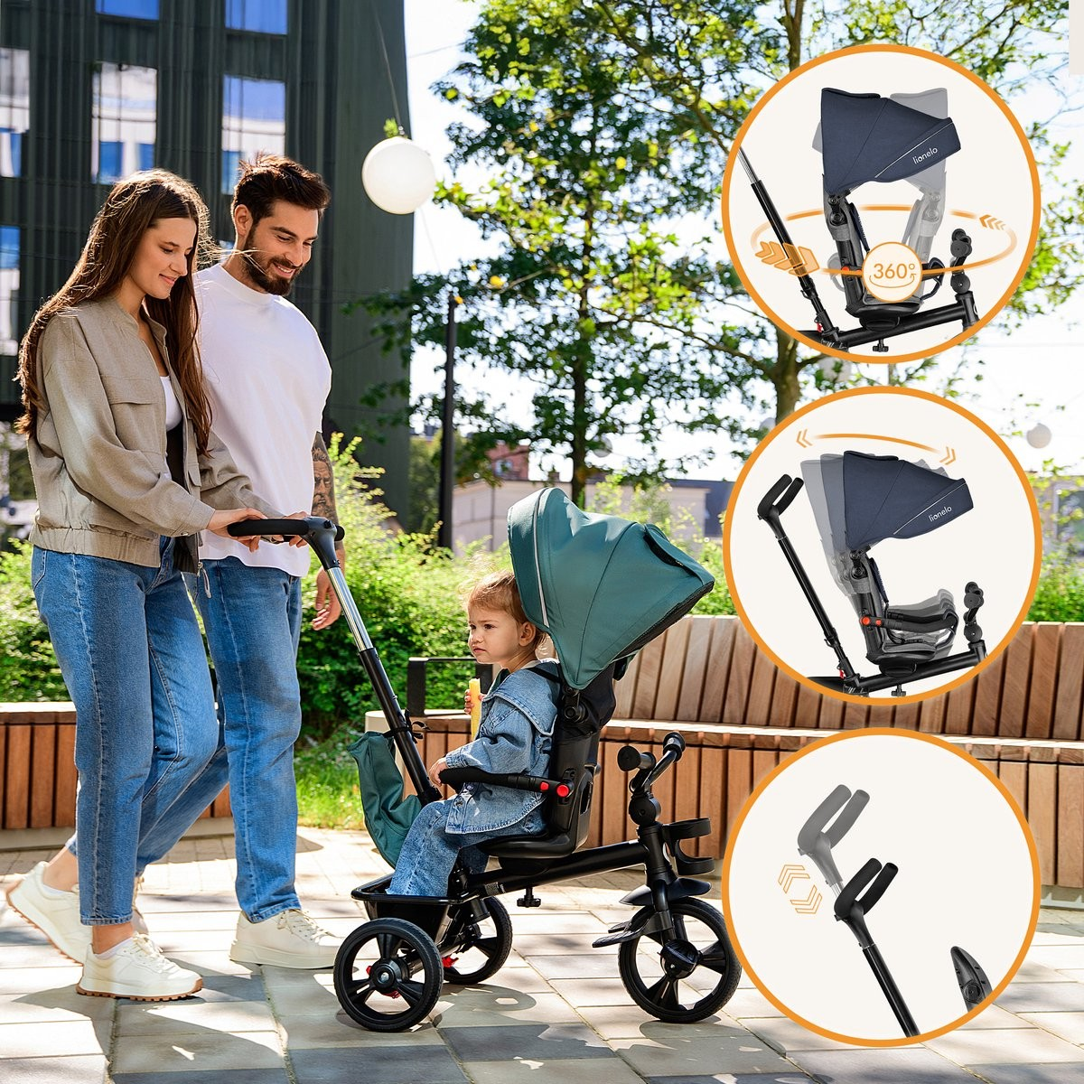 Carrinho de criança preto com assento azul e capota verde ao ar livre