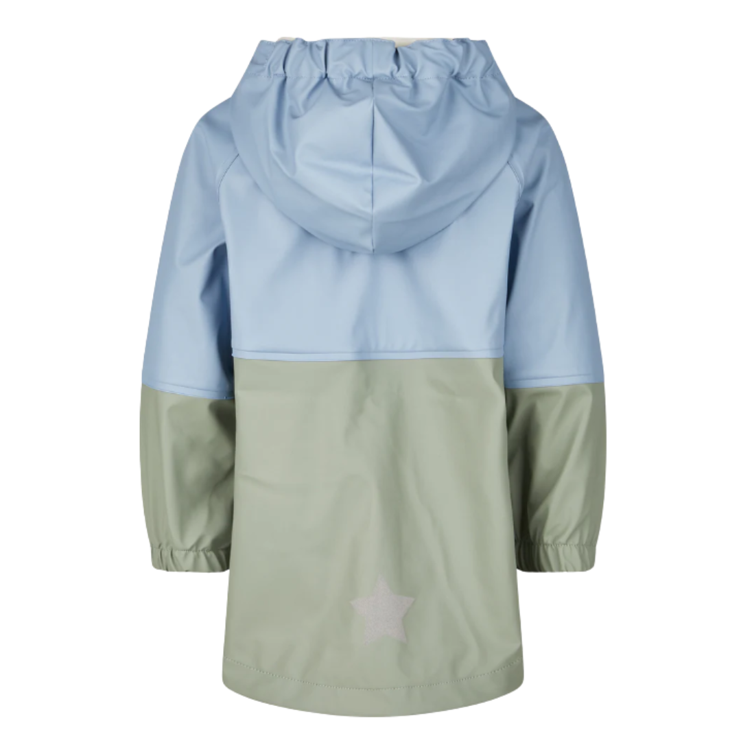 Casaco impermeável azul claro e verde claro para criança com capuz e estrela refletora