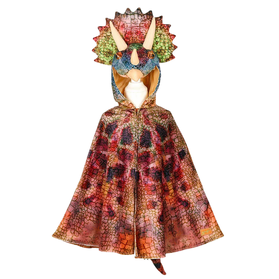 Capa de criança com capuz de dinossauro triceratops colorido