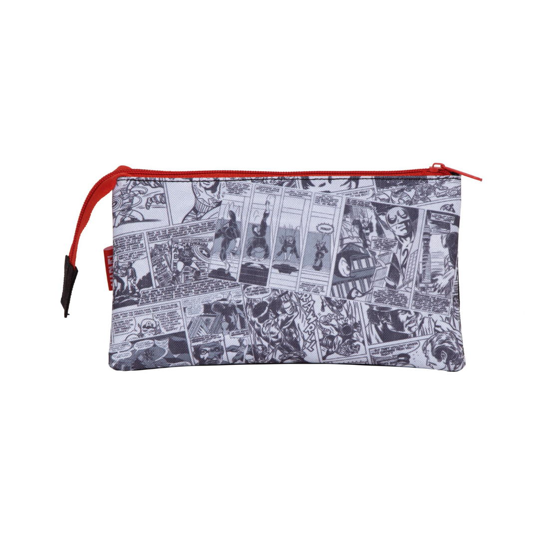 Estojo retangular com padrão de banda desenhada em preto e branco e fecho vermelho