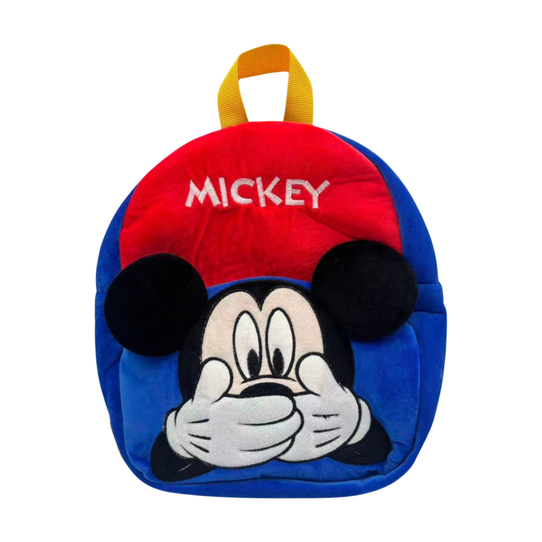 Mochila infantil azul, vermelha e amarela com o rosto do Mickey Mouse e texto MICKEY