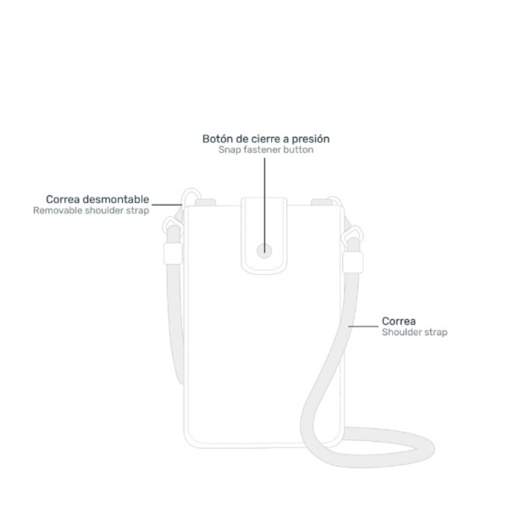 Desenho técnico de bolsa retangular branca com correia removível, correia de ombro e botão de fecho de pressão.