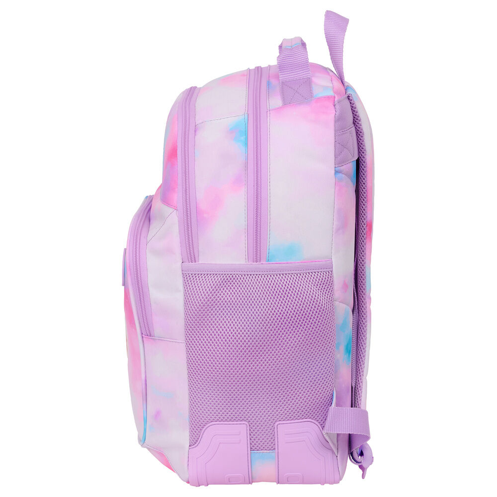 mochila juvenil tie-dye rosa lilás azul com bolsos de malha e zíperes lilás