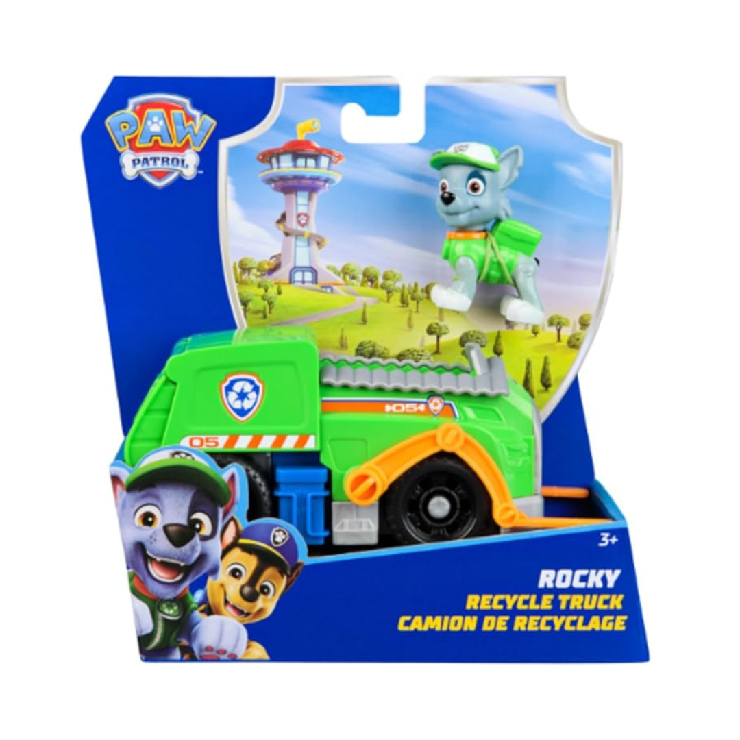 Brinquedo camioneta de reciclagem Paw Patrol verde com personagem Rocky e embalagem azul