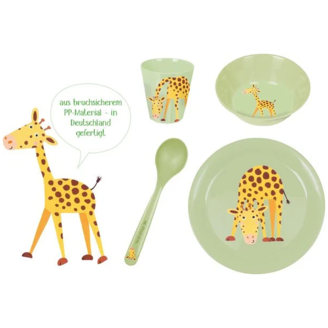 Conjunto de louça infantil verde com girafas amarelas