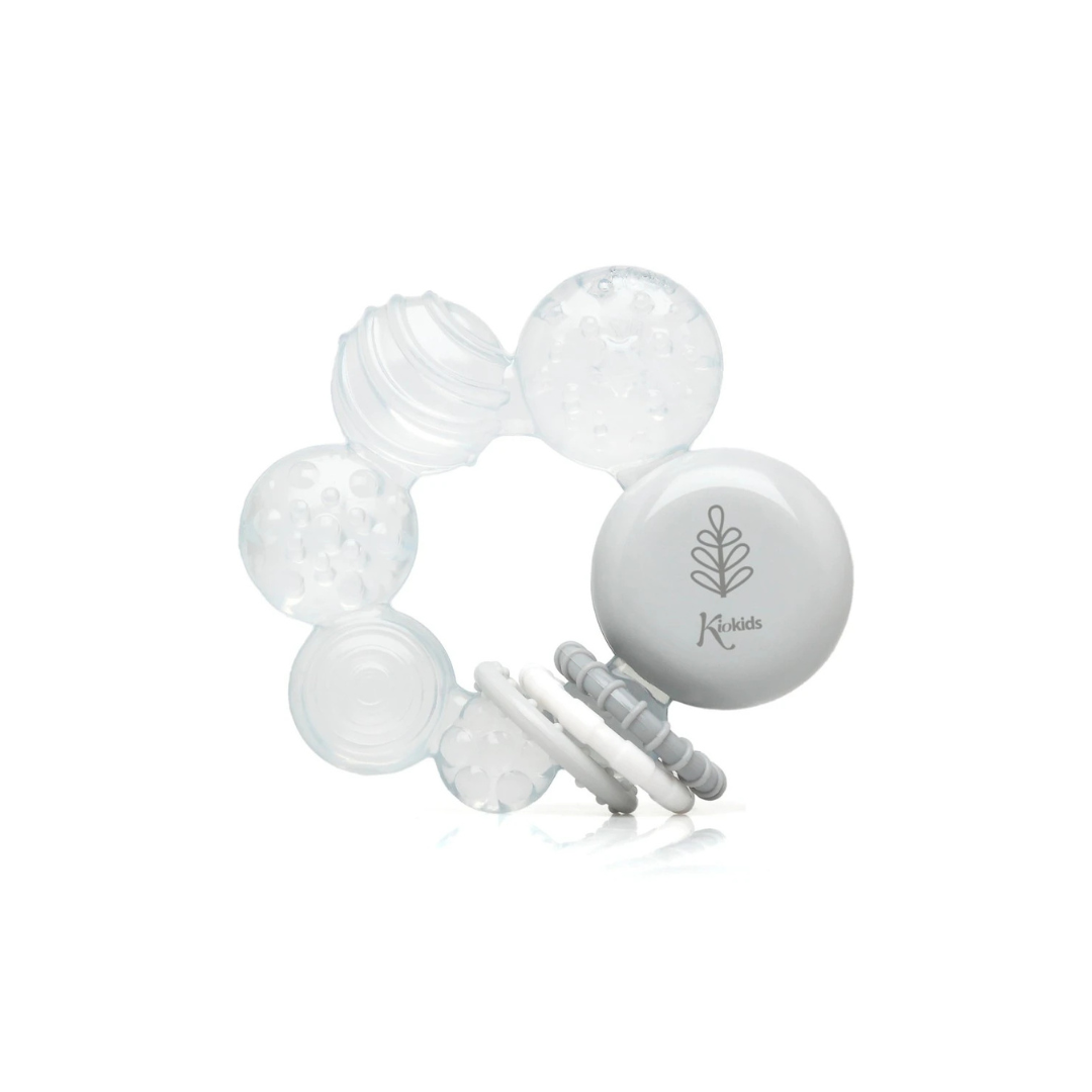 Mordedor transparente e branco Kiokids com várias texturas.
