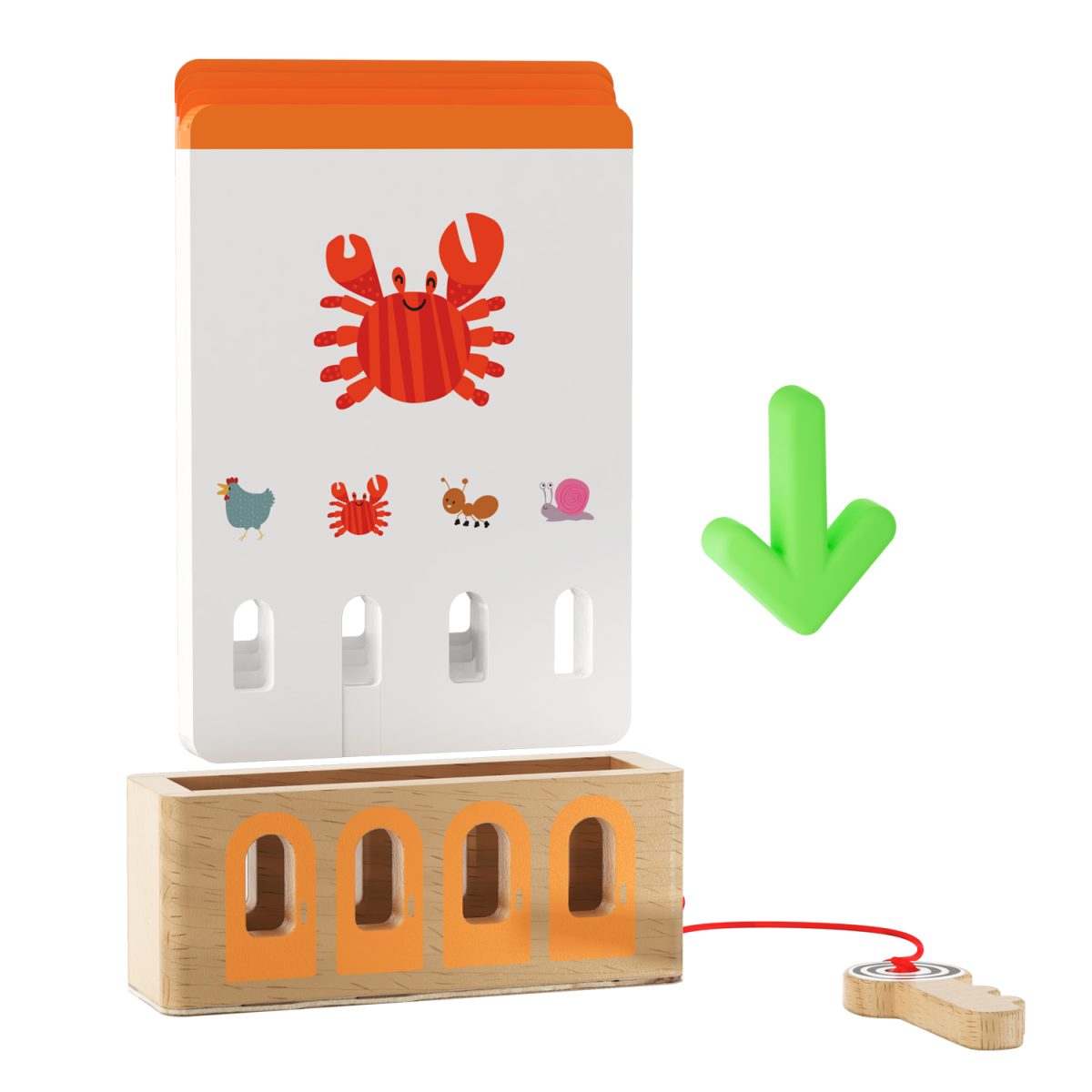 Brinquedo educativo de madeira com cartões ilustrados de animais e base com aberturas laranjas
