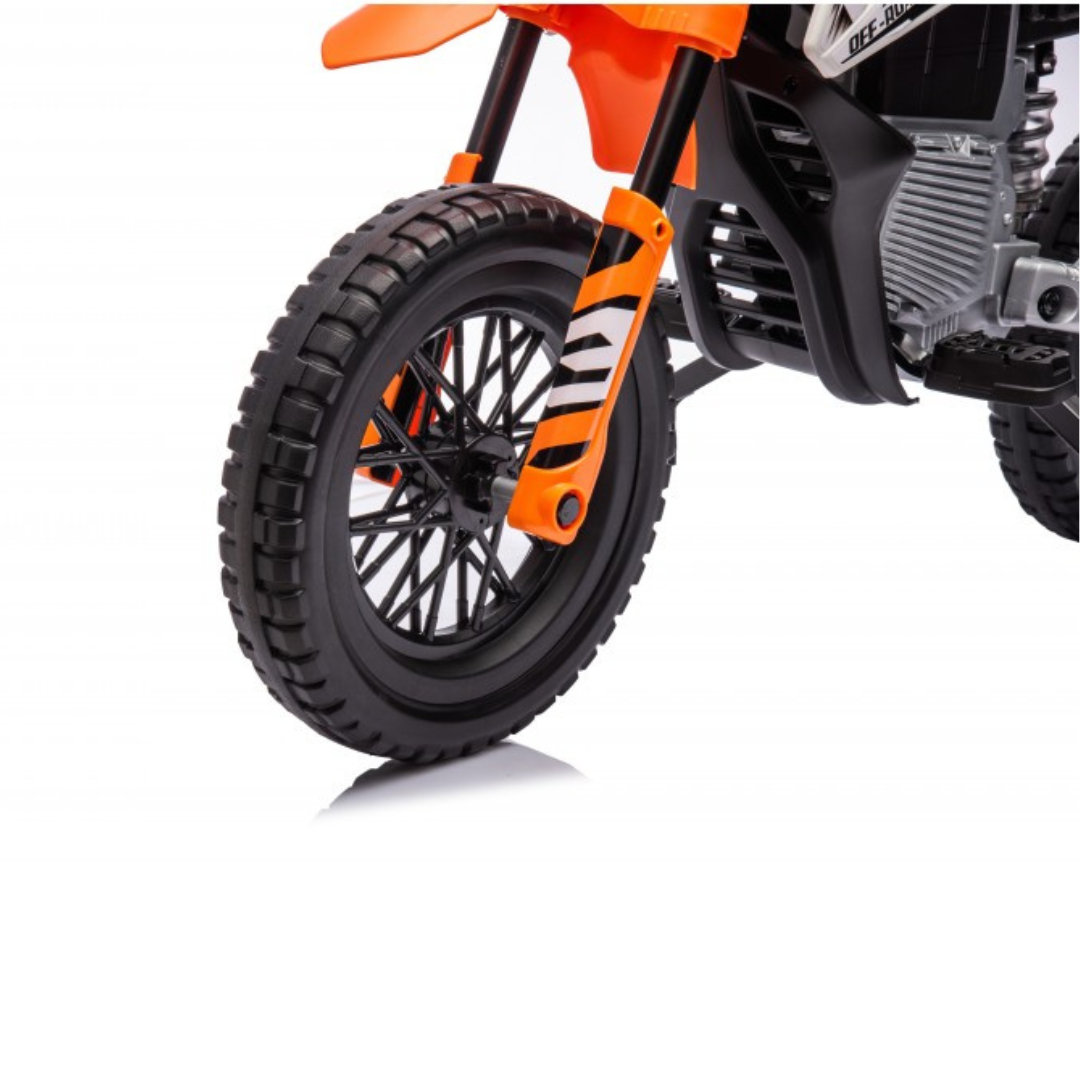 Roda dianteira de motocicleta com suspensão laranja