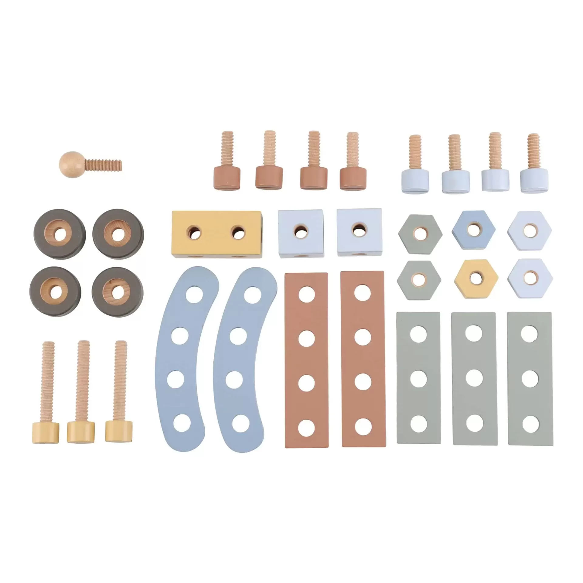 Peças de madeira para montar brinquedos em várias cores dispostas ordenadamente num fundo branco