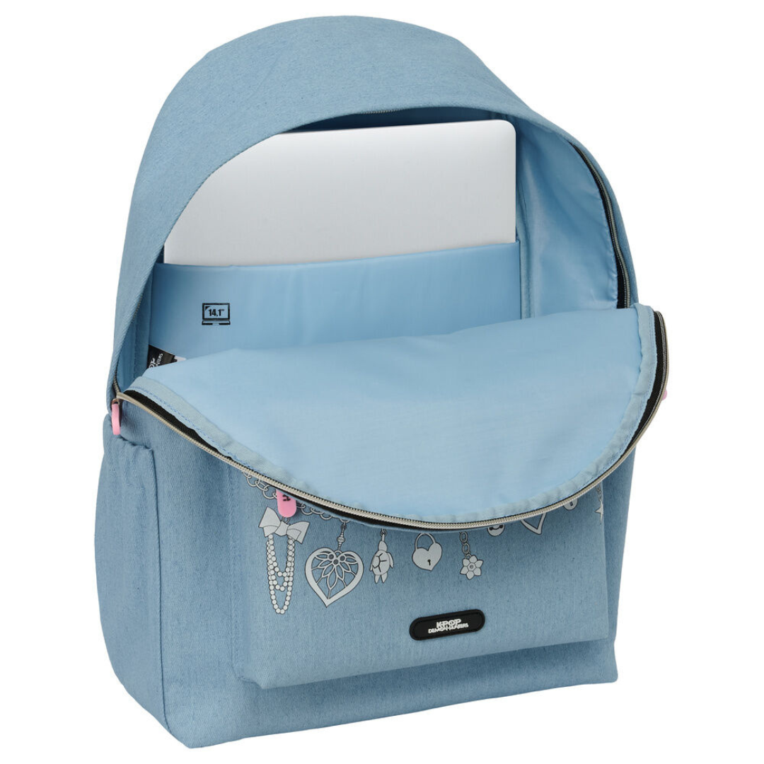 Mochila azul clara com decoração de joias cinzentas e compartimento para portátil