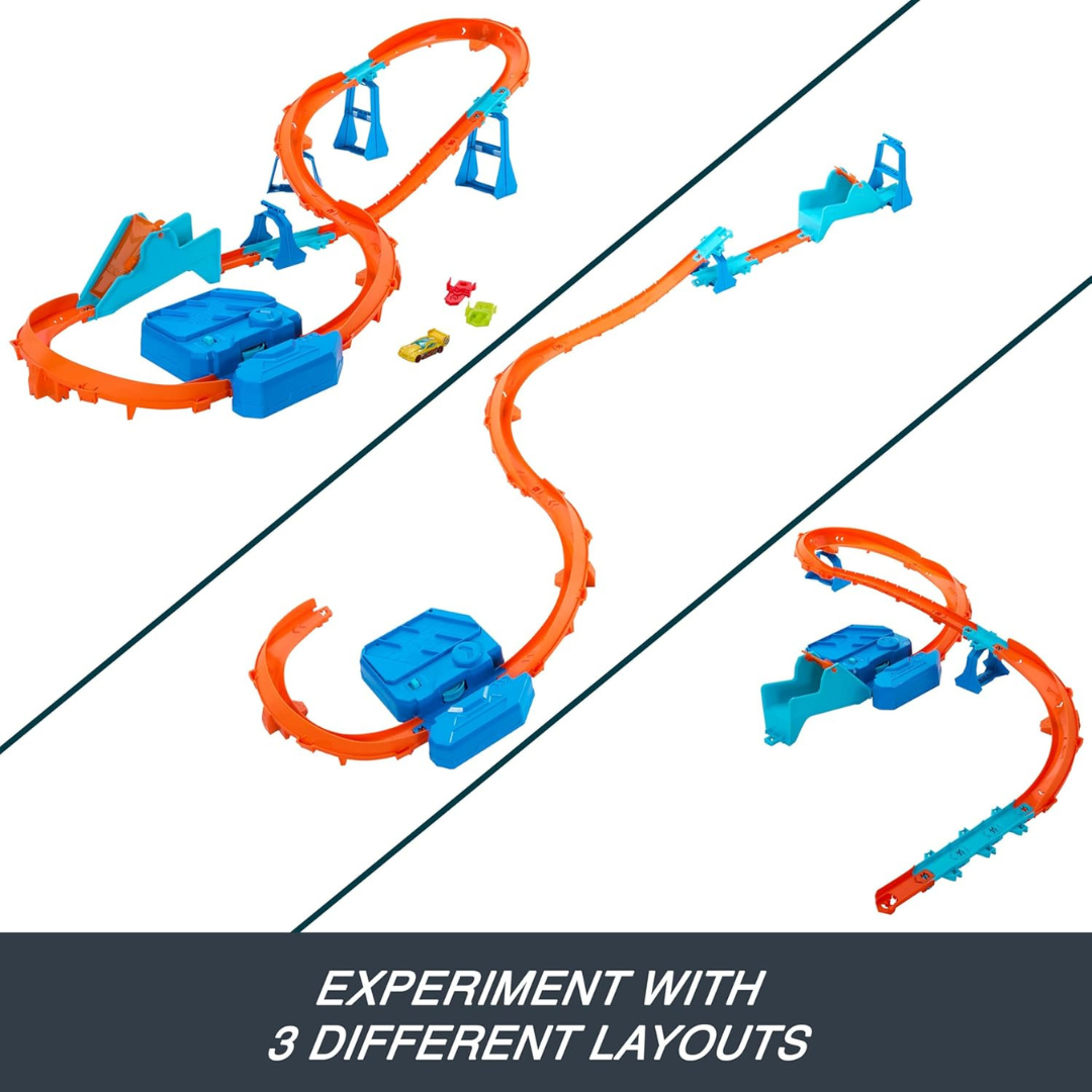 Pista de corrida para carros de brinquedo com trilhos laranja e azul em três layouts diferentes