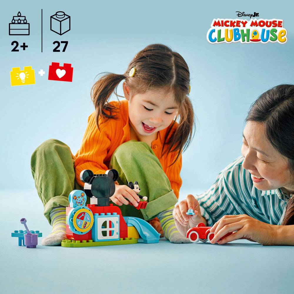 Brinquedo LEGO Disney Jr. Mickey Mouse Clubhouse com crianças a brincar em fundo azul claro