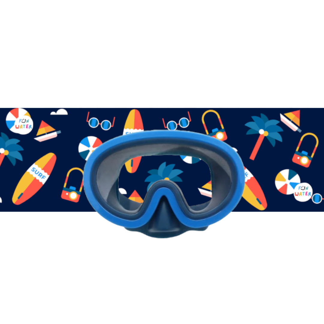 Máscara de mergulho azul com fundo de desenhos relacionados ao mar e praia