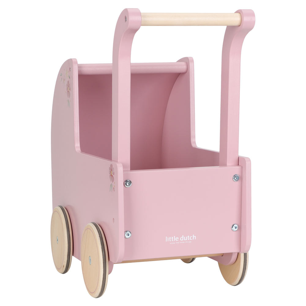 Carrinho infantil de empurrar rosa em madeira com rodas naturais e flores pintadas