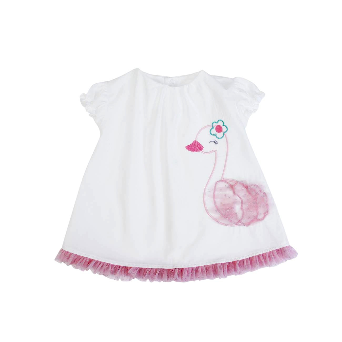 Vestido branco infantil com cisne rosa bordado e tule rosa na barra