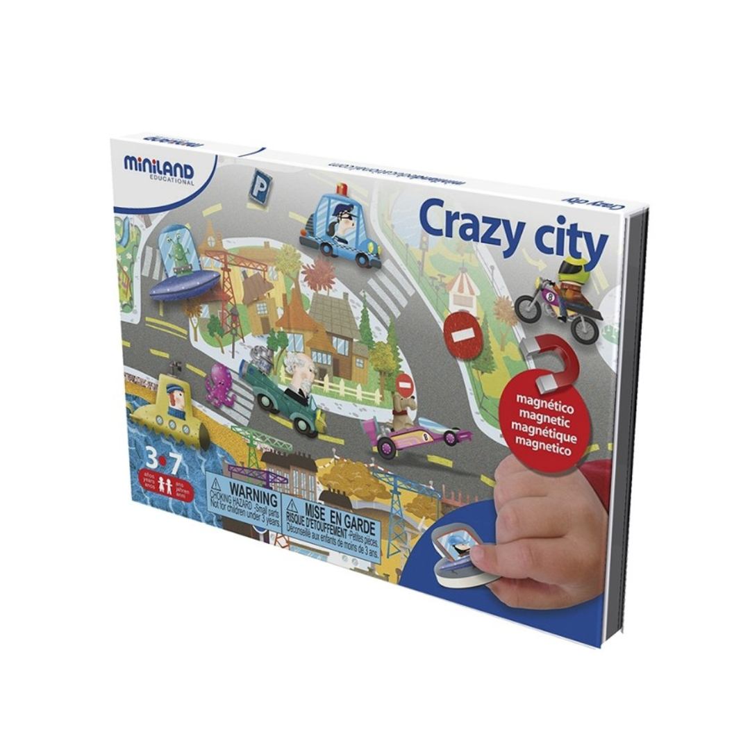 Jogo Crazy City da Miniland com peças magnéticas de carros e sinais de trânsito