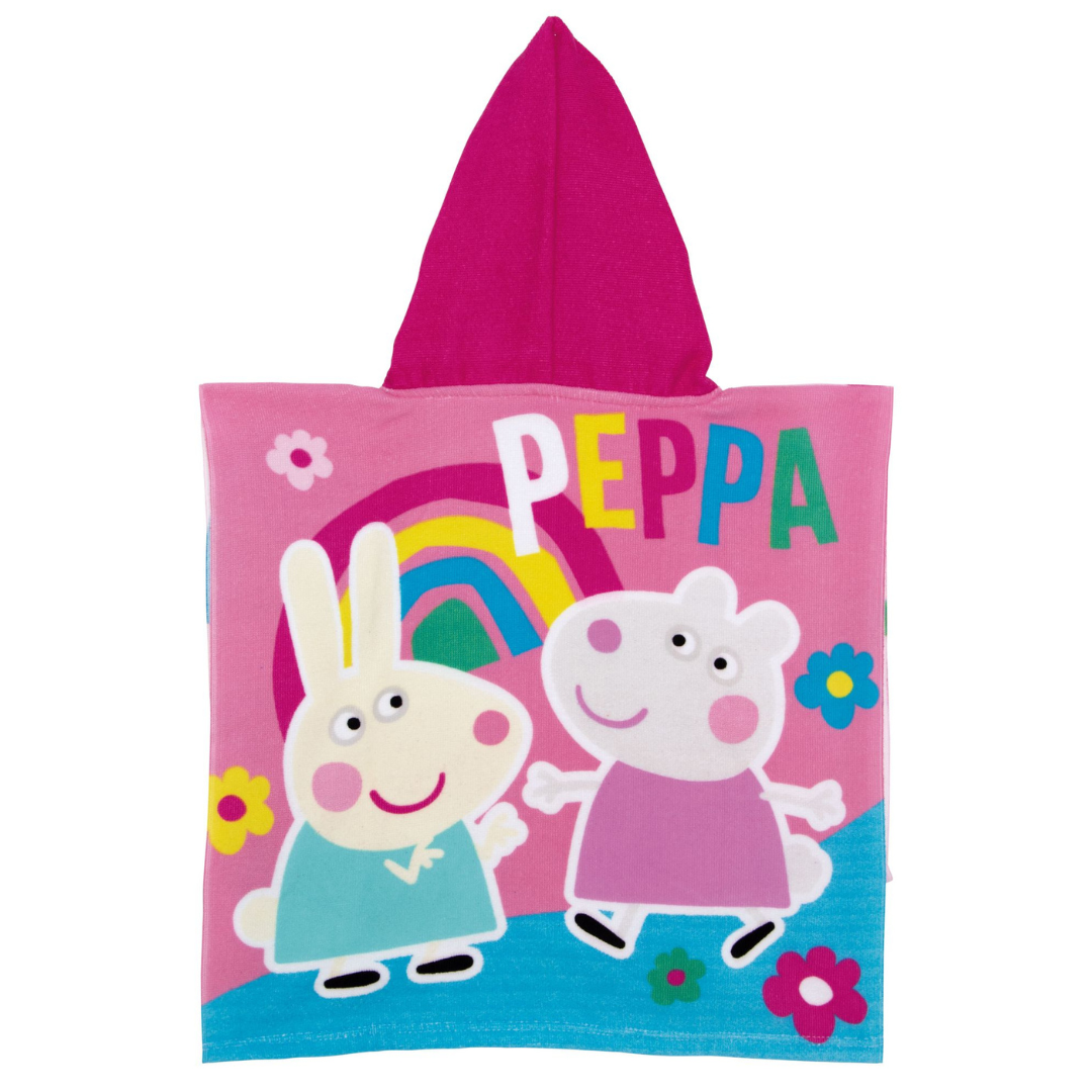 Poncho infantil rosa com capuz fúcsia e personagens de desenho animado com texto PEPPA