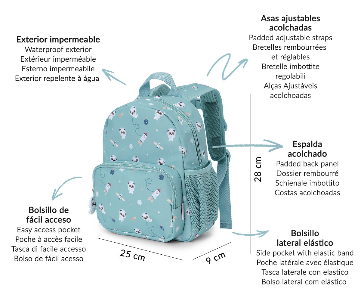 Mochila azul com pandas e foguetes e vários bolsos