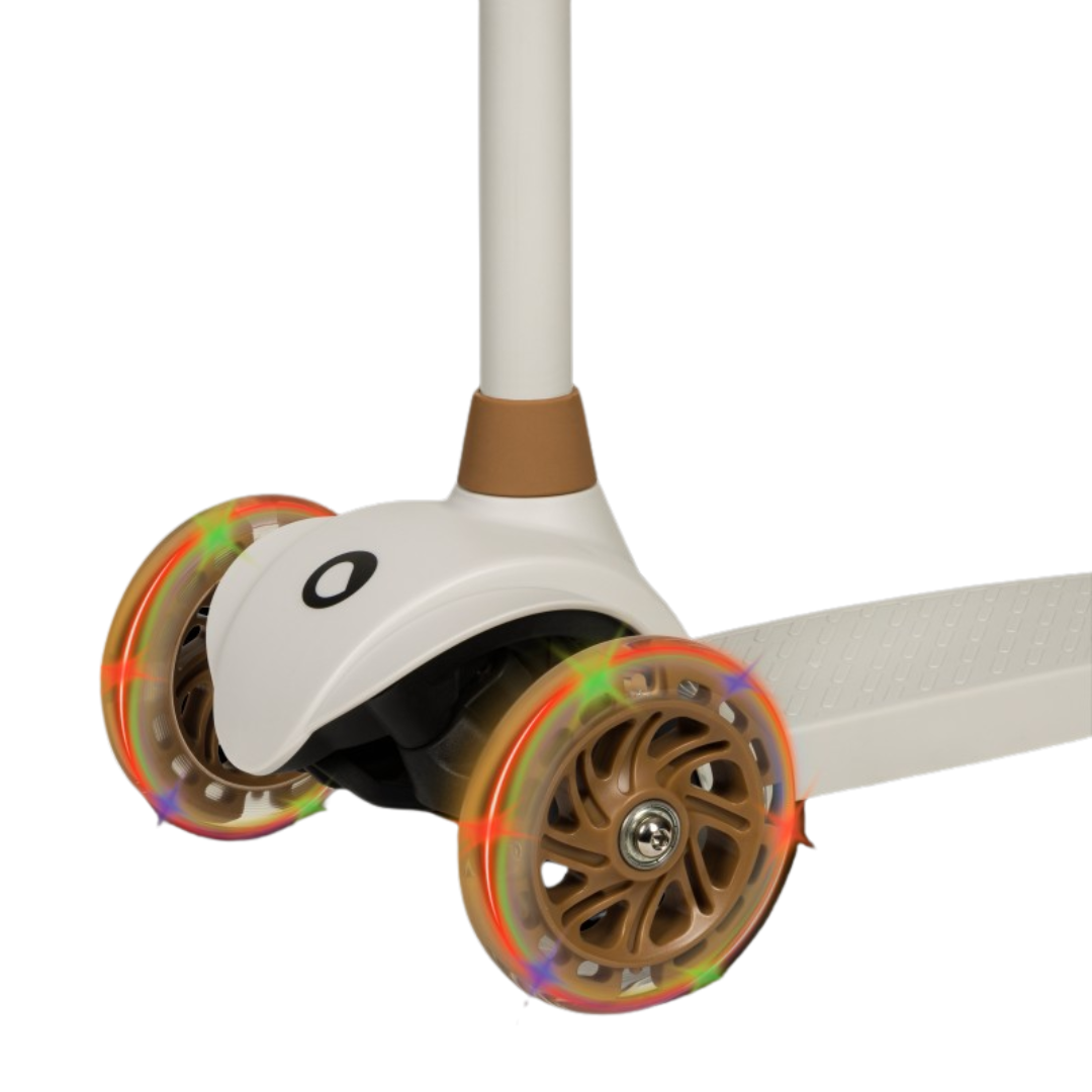 Patinete infantil com rodas dianteiras LED coloridas e base branca texturizada