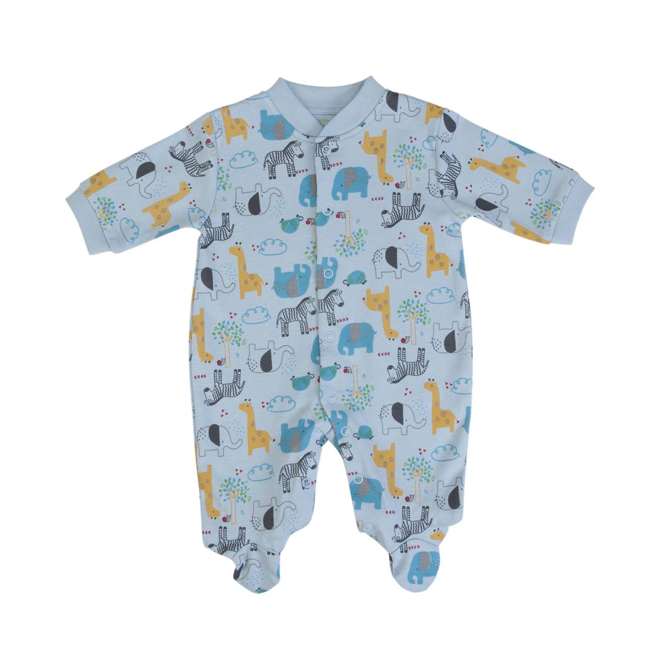 Pijama de bebé azul claro com padrão colorido de animais e fecho frontal