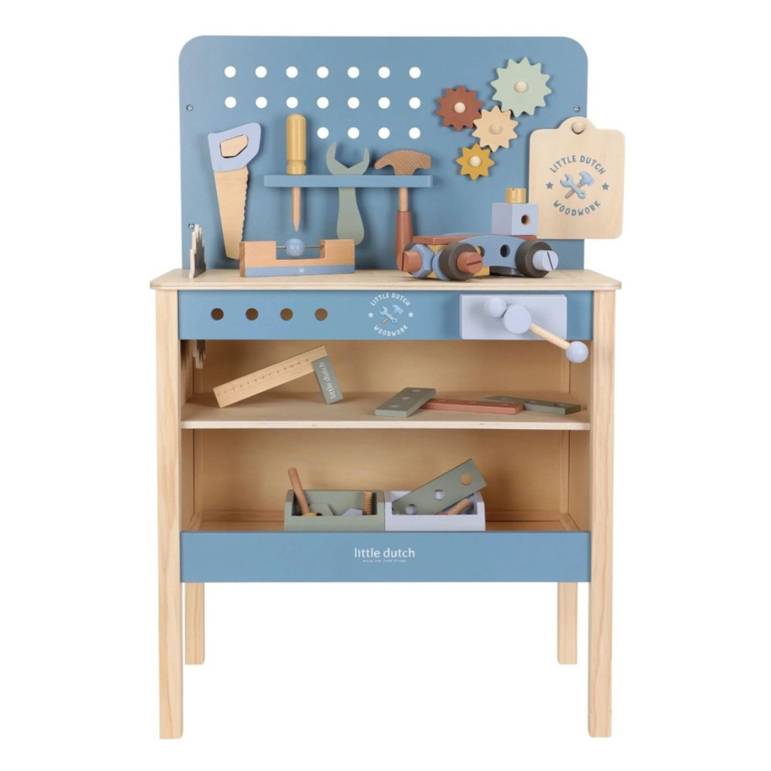Bancada de trabalho infantil em madeira natural e azul com ferramentas de brinquedo