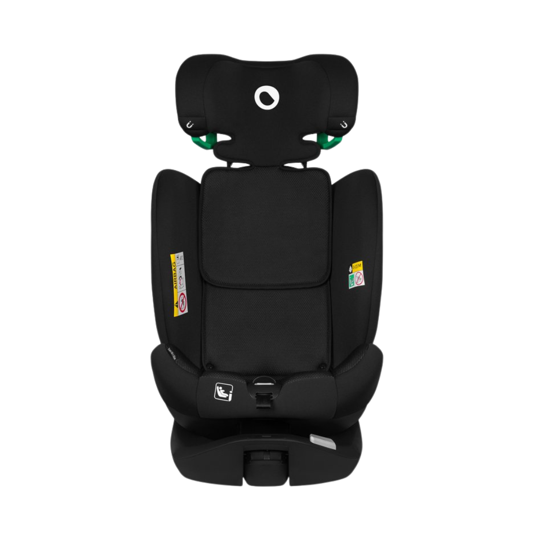 Cadeira auto infantil preta com etiquetas e símbolo de assento infantil