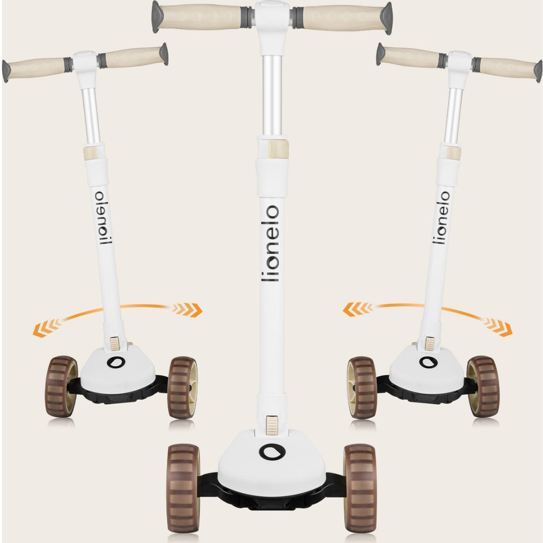 Trotinete infantil branca com três rodas castanhas e punhos bege
