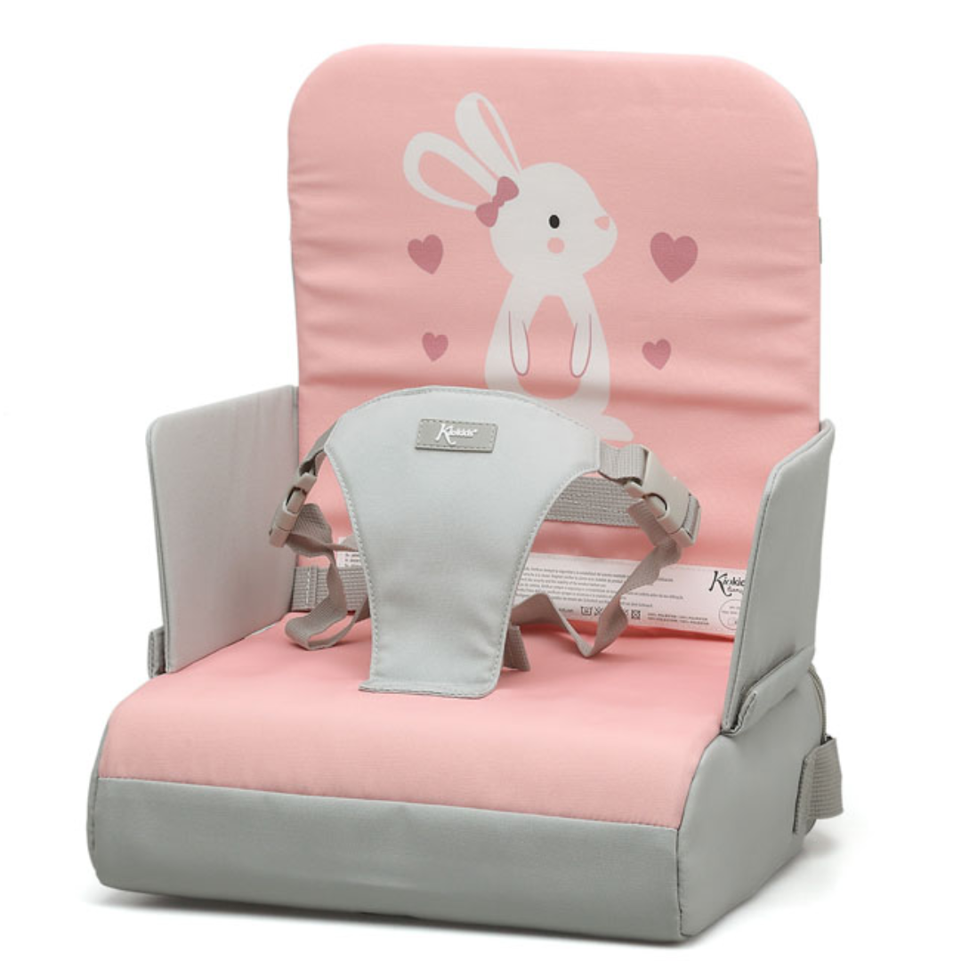 Cadeira elevatória infantil rosa com coelho e arnês cinzento