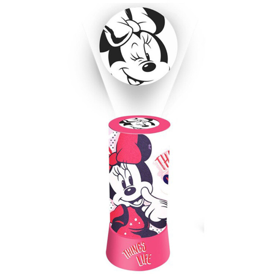 Lâmpada de mesa rosa com imagem da Minnie e texto THINGS LIKE