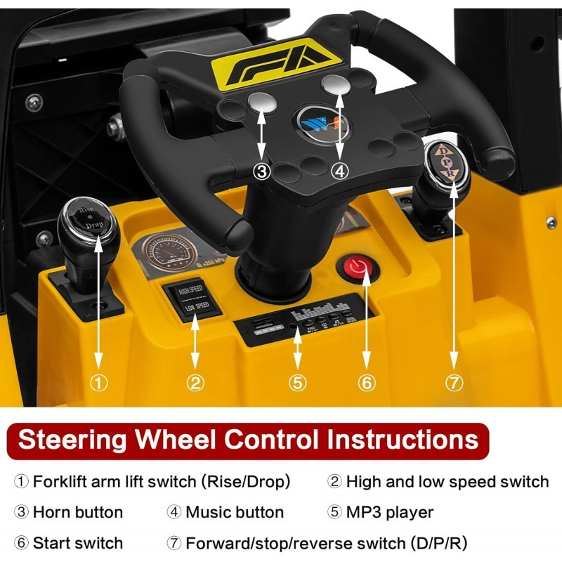 Painel de controlo de empilhadora com volante preto, botões numerados, etiquetas de instruções em inglês