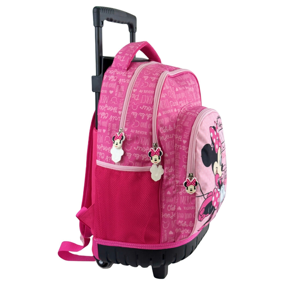 Mala infantil rosa com puxador e rodinhas com pendentes da Minnie Mouse