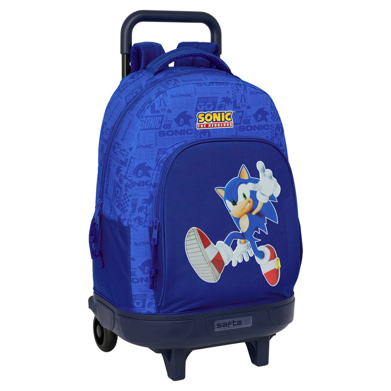 Mochila azul com personagem Sonic e logo SONIC THE HEDGEHOG em fundo branco