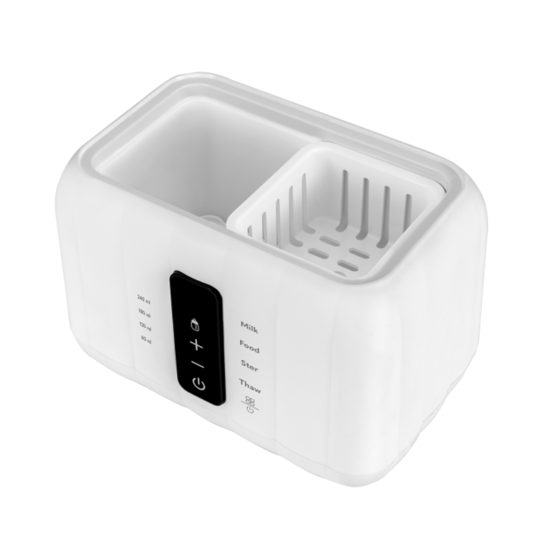 Dispositivo branco com painel preto e controle tátil com funções para leite, comida, esterilizar e descongelar.
