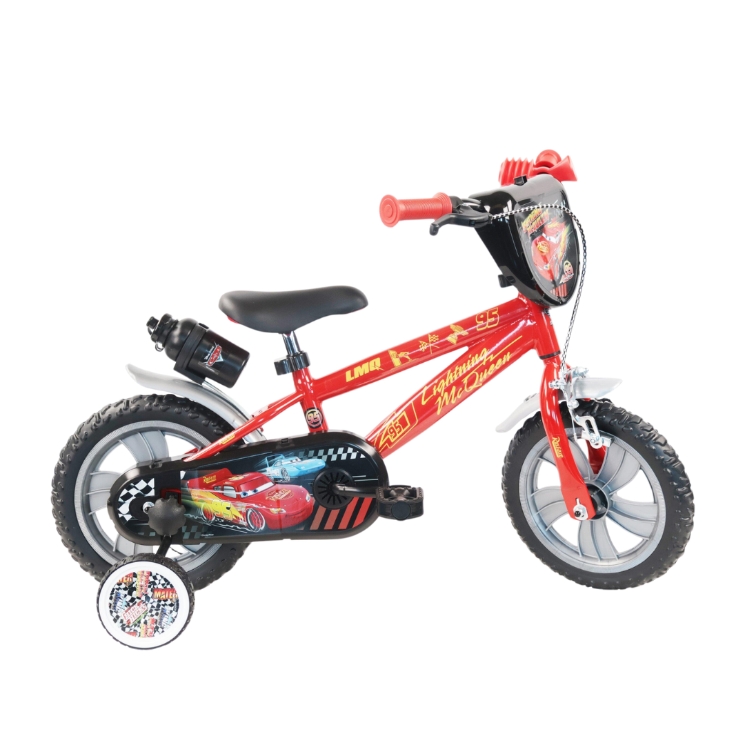 Bicicleta infantil vermelha com treinos e decoração Lightning McQueen