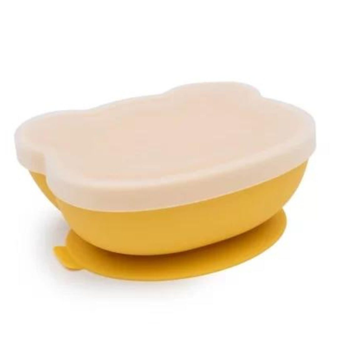 Recipiente de alimentação para bebés amarelo com tampa bege e base ventosa