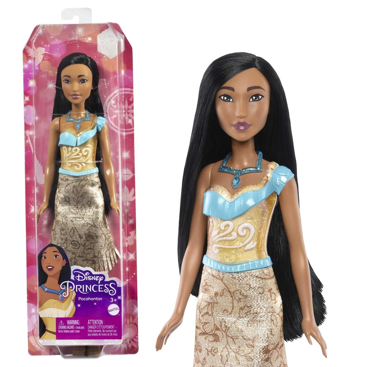 Boneca Disney Princess Pocahontas com vestido azul e dourado em caixa rosa